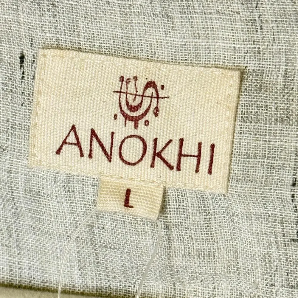 Anokhi Blouse Womens Large Gray Linen Pleated Tunic 3/4 Sleeve Button Front